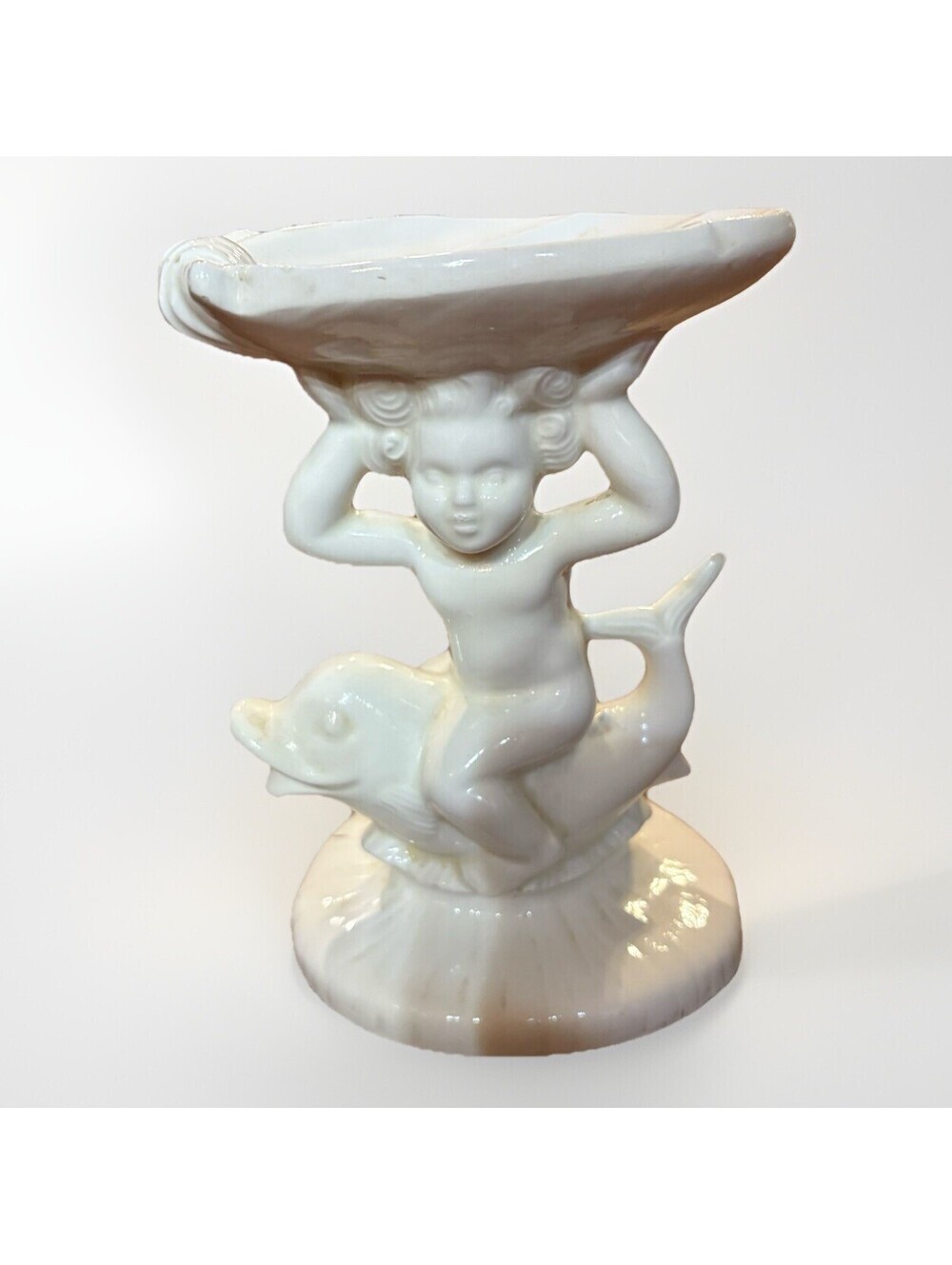 Vintage 1960s White Cherub Riding Dolphin Fish Holland Mold Kitschy Soap Dish
